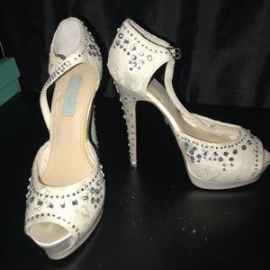 White rhinestone Betsey Johnson heels
